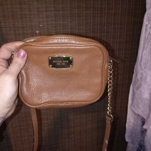Michael Kors Brown Pebble Leather Crossbody Mini Purse with Gold Accents 5x7